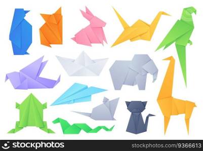 Origami animals. Geometric folded shapes for japanese game paper boat and plane, crane, birds, cat, elephant and rabbit. Crafting hobby vector set. Illustration elephant paper and whale, crane and cat. Origami animals. Geometric folded shapes for japanese game paper boat and plane, crane, birds, cat, elephant and rabbit. Crafting hobby vector set