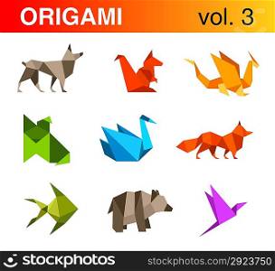 Origami animals logo template set 3:Dog, squirrel, dragon, fox, swan, fish, bear, bird icons.Vector.