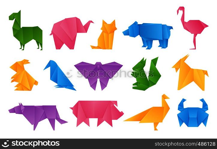 Origami animals. Paper toys, dragon ship elephant crane butterfly shape set, vector colored folding paper animals set. Origami animals. Paper toys, dragon ship elephant crane butterfly shape set, vector colored folding paper animals