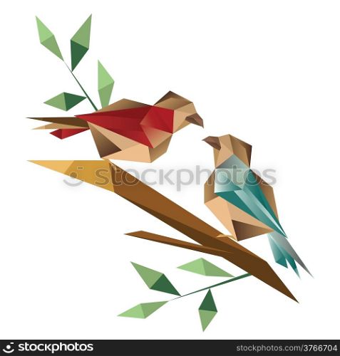 Origami birds sitting on branch