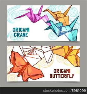 Origami butterflies and cranes paper folded symbols of hope 2 horizontal banners set abstract isolated vector illustration. Origami butterflies and cranes banners set