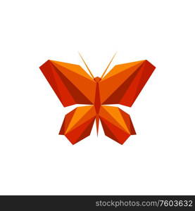 Origami butterfly in cartoon style isolated handmade insect. Vector realistic orange moth made of paper. Butterfly or moth isolated origami insect