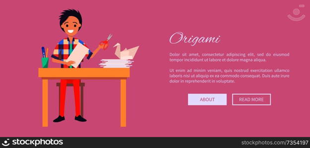 Origami concept web banner with man sitting at table and making handmade swan, working tools on table vector illustration. Origami Concept Web Banner with Man Sit at Table