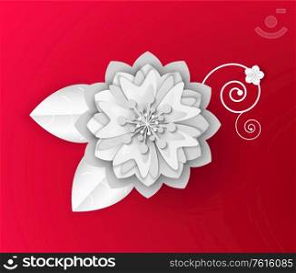 Origami flower vector, white floral decoration with ornaments and small flora, botanical blooming and flourishing, Japanese style of art isolated. Flower Made of Paper, Origami Asian Art Vector