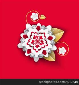 Origami flower with petals and leaves isolated icon vector. Chinese New Year decoration, culture of celebration flourishing and blooming of flora. Origami Flower with Petals Leaves Isolated Icon