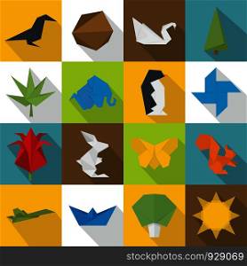 Origami icons set. Flat illustration of 16 origami vector icons for web. Origami icons set, flat style