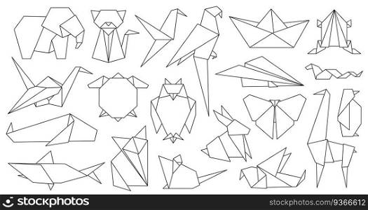 Origami line animals. Paper geometric graphic logo and icon bird, fox, crane, mouse, shark and elephant. Outline abstract animal vector set. Illustration origami hobby, chinese fox and shark paper. Origami line animals. Paper geometric graphic logo and icon bird, fox, crane, mouse, shark and elephant. Outline abstract animal vector set