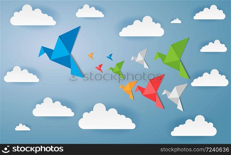 Origami made colorful bird with origami clouds. Paper art and craft style