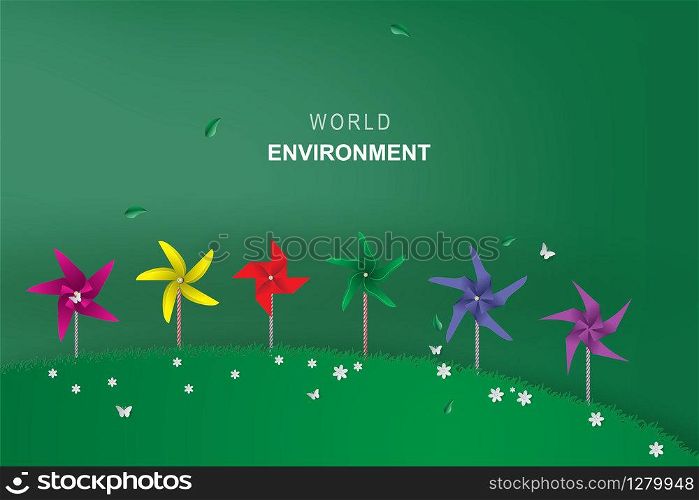 Origami made of colorful wind turbine in park.Go green ecology environment concept for wallpaper,landing page,book cover.Creative paper art and craft style.Minimal modern green.Vector illustration.