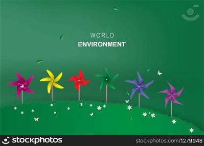Origami made of colorful wind turbine in park.Go green ecology environment concept for wallpaper,landing page,book cover.Creative paper art and craft style.Minimal modern green.Vector illustration.