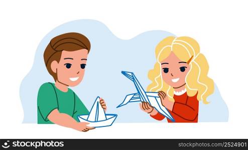 Origami Making Kids Boy And Girl Together Vector. Children Make Origami From Paper On Educational Lesson In Kindergarten. Characters Preschool Infants Creativity Flat Cartoon Illustration. Origami Making Kids Boy And Girl Together Vector
