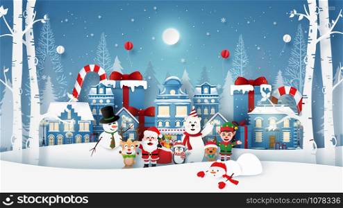 Origami Paper art Landscape of Christmas party with Santa Claus and cute character in snow town, Merry Christmas and Happy New Year