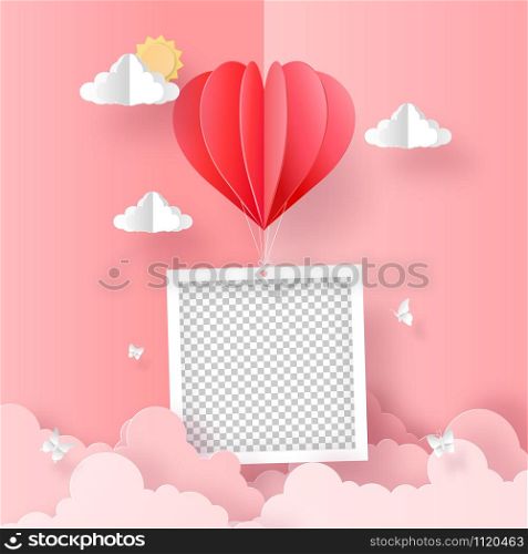Origami Paper art of blank photo with heart shape balloon on the sky, Romantic Valentine Day