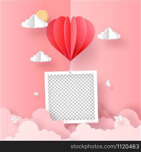 Origami Paper art of blank photo with heart shape balloon on the sky, Romantic Valentine Day