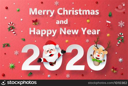 Origami paper art of Christmas and Happy New Year celebration with Santa Claus and Reindeer on red background paper texture