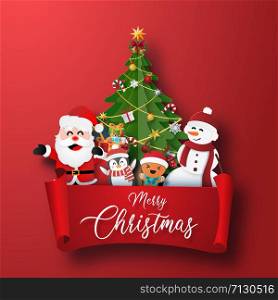 Origami Paper art of Christmas character and Christmas tree with red label, Merry Christmas and Happy New Year
