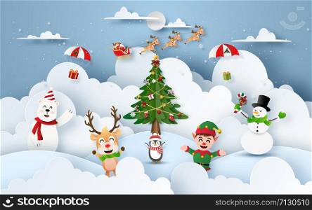 Origami Paper art of Christmas party at snow mountain with Santa Claus and Christmas character, Merry Christmas and Happy New Year