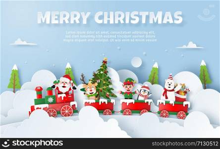 Origami Paper art of Christmas party on the train with Santa Claus, Copy Space, Merry Christmas and Happy New Year