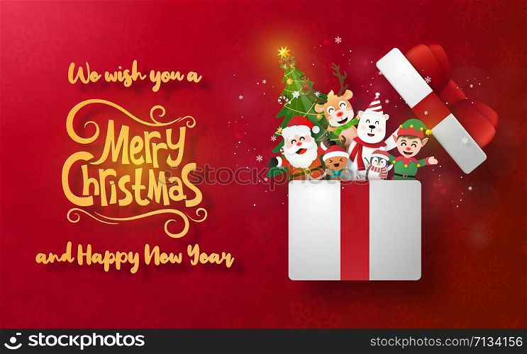 Origami Paper art of Christmas postcard banner with Santa Claus and cute character in a gift box, Merry Christmas and Happy New Year