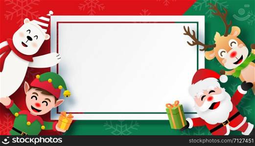 Origami paper art of Christmas postcard blank background copy space with Santa Claus and friends, Merry Christmas and Happy New Year