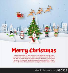 Origami paper art of Christmas postcard copy space with Christmas cartoon character, Merry Christmas and Happy New Year