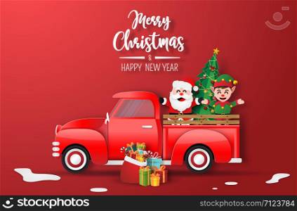 Origami paper art of Christmas red truck with Santa Claus and Elf, Merry Christmas and Happy New Year