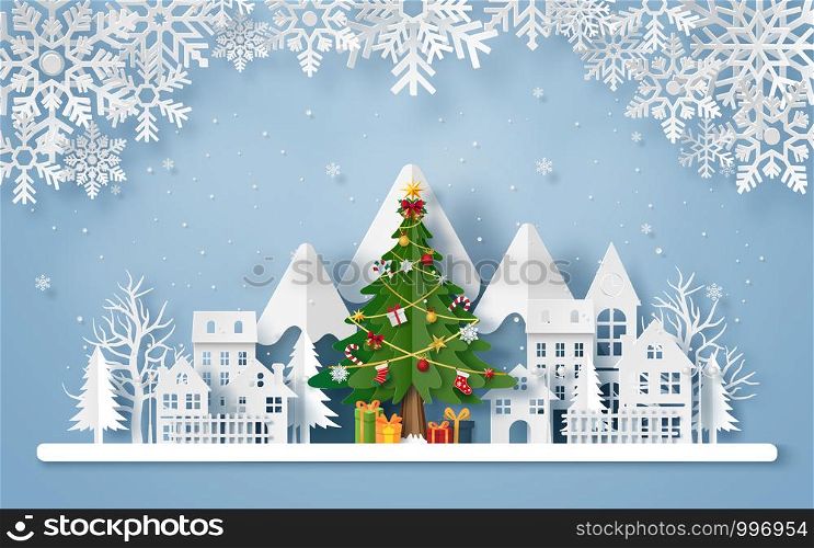 Origami paper art of Christmas tree in the village with the mountain, Merry Christmas and Happy New Year