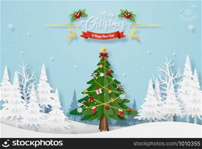 Origami paper art of Christmas tree with decoration in the forest with snowing, Merry Christmas and Happy New Year