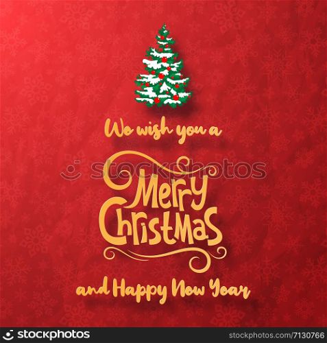 Origami Paper art of Postcard banner Merry Christmas and Happy New Year with Christmas tree, Paper texture background