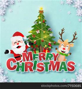 Origami Paper art of Postcard Santa Claus and Reindeer with Christmas tree and text MERRY CHRISTMAS on blue background