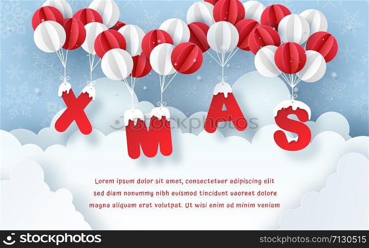 Origami Paper art of Postcard XMAS with balloon on the sky, Merry Christmas and Happy New Year