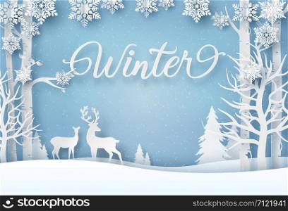 Origami paper art of Reindeer in forest with snowflakes, Merry Christmas and Happy New Year