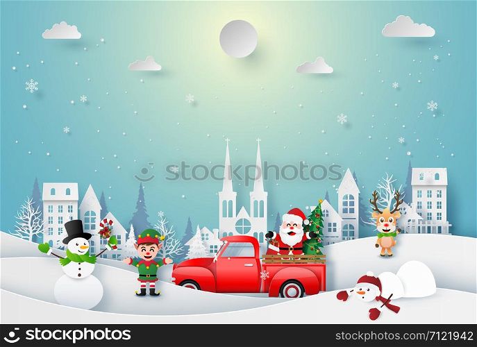 Origami paper art of Santa Claus and Christmas character celebrate in town, Merry Christmas and Happy New Year