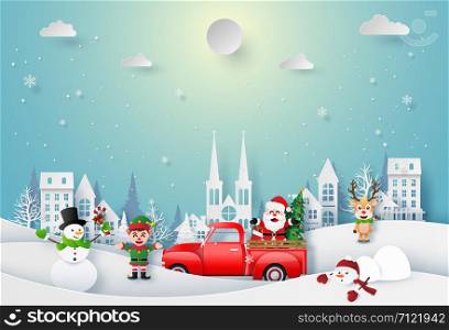 Origami paper art of Santa Claus and Christmas character celebrate in town, Merry Christmas and Happy New Year