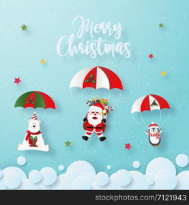 Origami paper art of Santa Claus and Christmas characters a parachute jump on the sky, Merry Christmas and Happy New Year