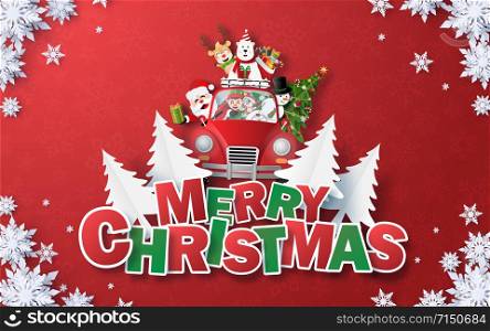 Origami Paper art of Santa Claus and Christmas red car with text MERRY CHRISTMAS on red background