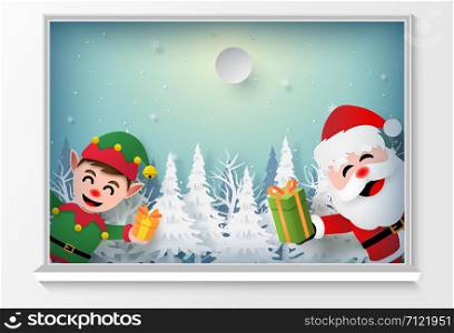Origami paper art of Santa Claus and Elf at the window to give a gift, Merry Christmas and Happy New Year