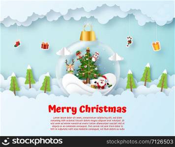 Origami paper art of Santa Claus and friend in Hanging Christmas ball on the sky, Merry Christmas and Happy New Year