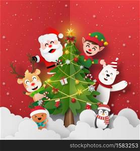Origami Paper art of Santa Claus and friends with Christmas tree, Merry Christmas and Happy New Year