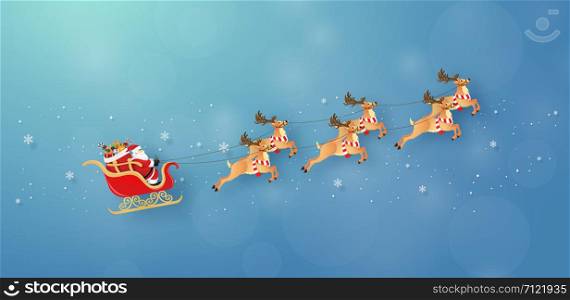 Origami paper art of Santa Claus and reindeer flying on the sky, Merry Christmas and Happy New Year