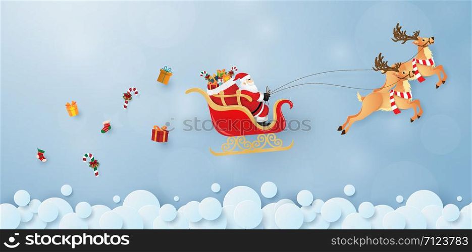 Origami paper art of Santa Claus and reindeer flying on the sky - 2, Merry Christmas and Happy New Year