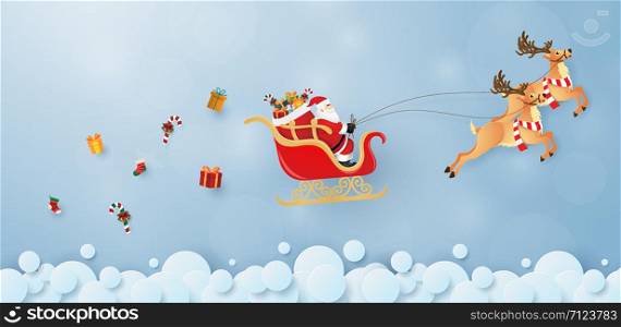 Origami paper art of Santa Claus and reindeer flying on the sky - 2, Merry Christmas and Happy New Year