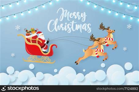 Origami paper art of Santa Claus and reindeer flying on the sky, Merry Christmas and Happy New Year