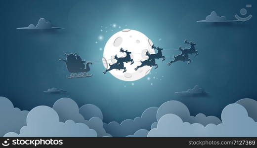 Origami Paper art of Santa Claus and reindeer flying on the sky with full moon, Merry Christmas and Happy New Year