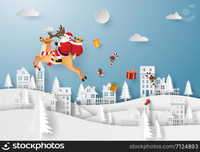 Origami paper art of Santa Claus and reindeer in the village, Merry Christmas and Happy New Year