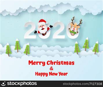 Origami paper art of Santa Claus and Reindeer on Hanging word on the sky, Merry Christmas and Happy New Year