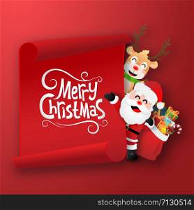 Origami Paper art of Santa Claus and reindeer with red blank paper, Merry Christmas and Happy New Year