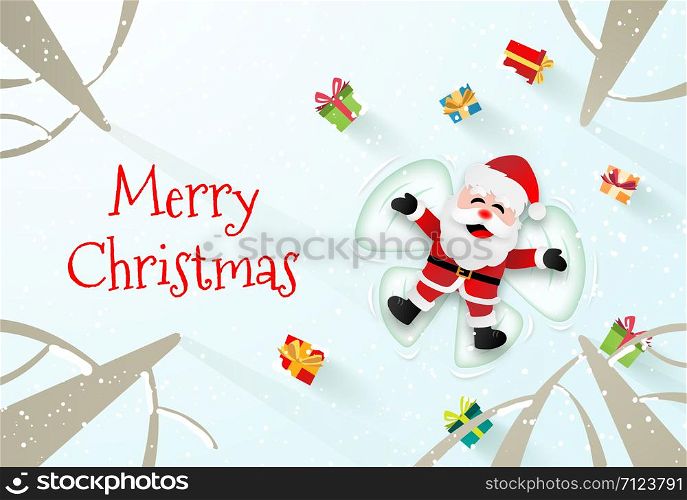 Origami paper art of Santa Claus laying on the snow and make a snow angel, Merry Christmas and Happy New Year