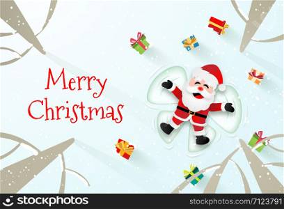 Origami paper art of Santa Claus laying on the snow and make a snow angel, Merry Christmas and Happy New Year