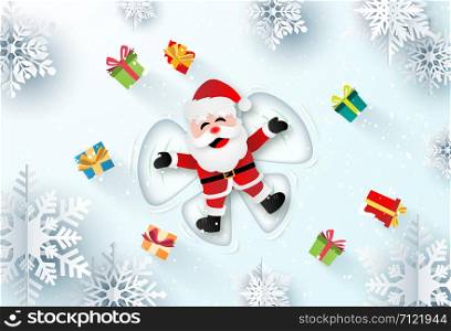 Origami paper art of Santa Claus laying on the snow to make a snow angel, Merry Christmas and Happy New Year